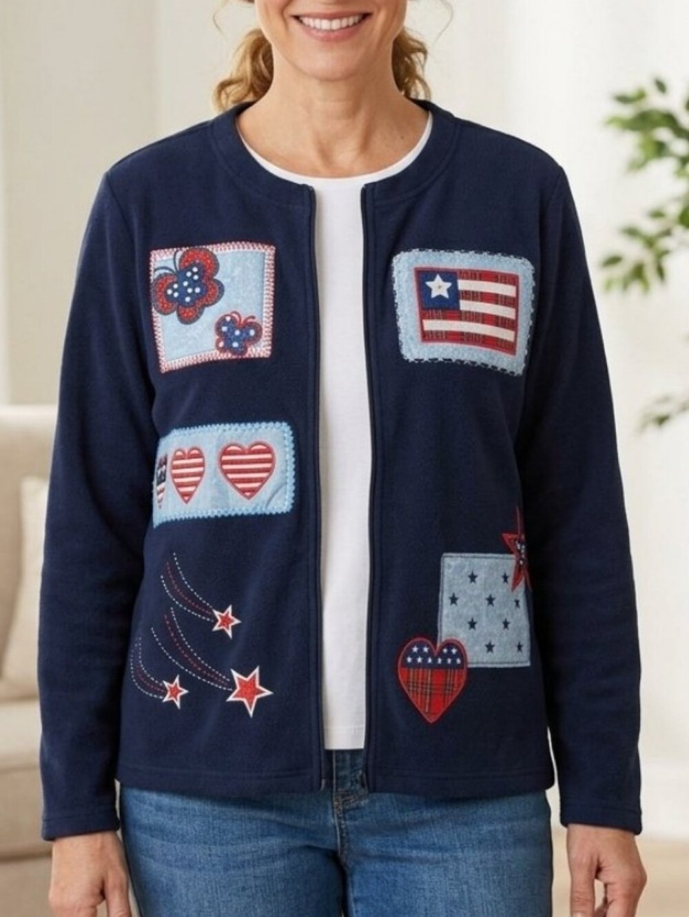 Vintage Fashion Bug Embroidered Patriotic Zip Fleece Jacket